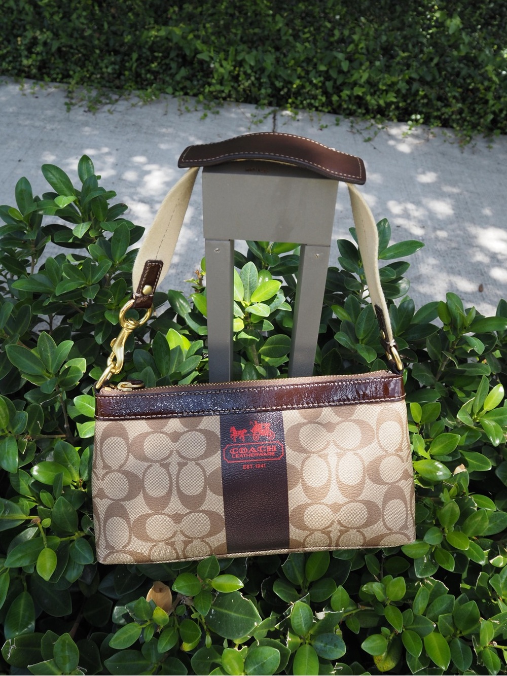 Coach Beige Signature Canvas Wristlet with Brown Leather Trim